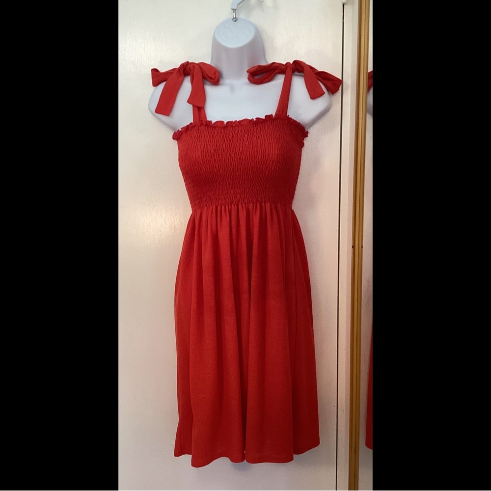Fun and casual Red Smocked Sundress with shoulder ties